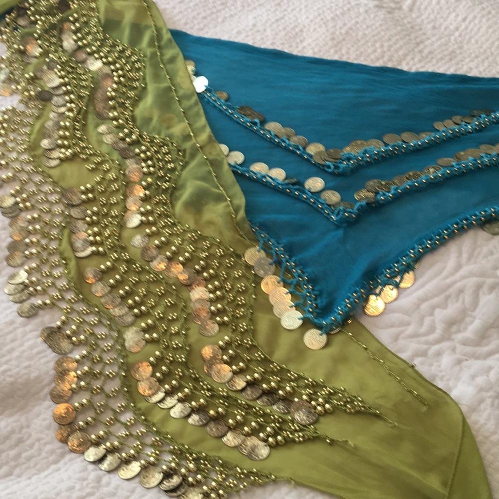 Two jingly coins belly dance scarves.